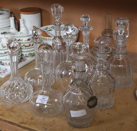 9 decanters & large glass stopper